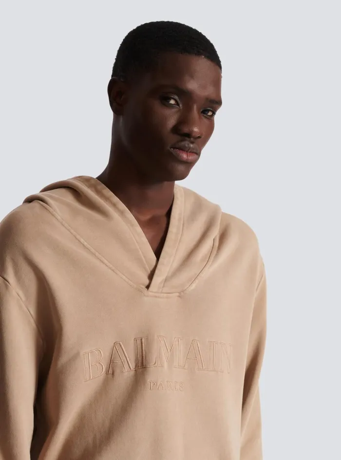 Hoodie With Vintage Embroidery Beige Men Balmain Sweatshirts
