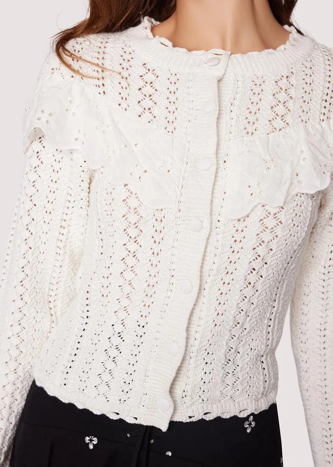Irina Scallop Lace Pointelle Cardigan Cream Women Lost Wander Sweaters