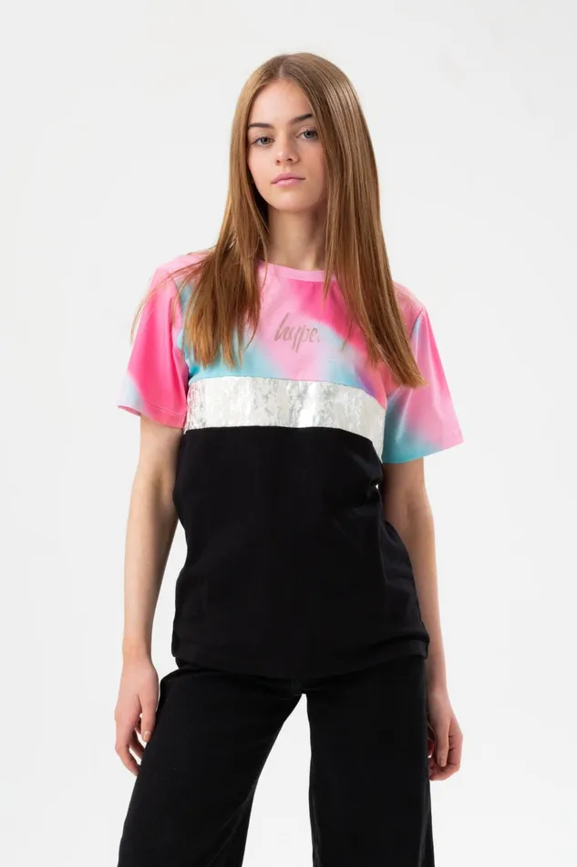 Just Hype TShirts Hype Girls Black Pastel Wave Panel Script TShirt