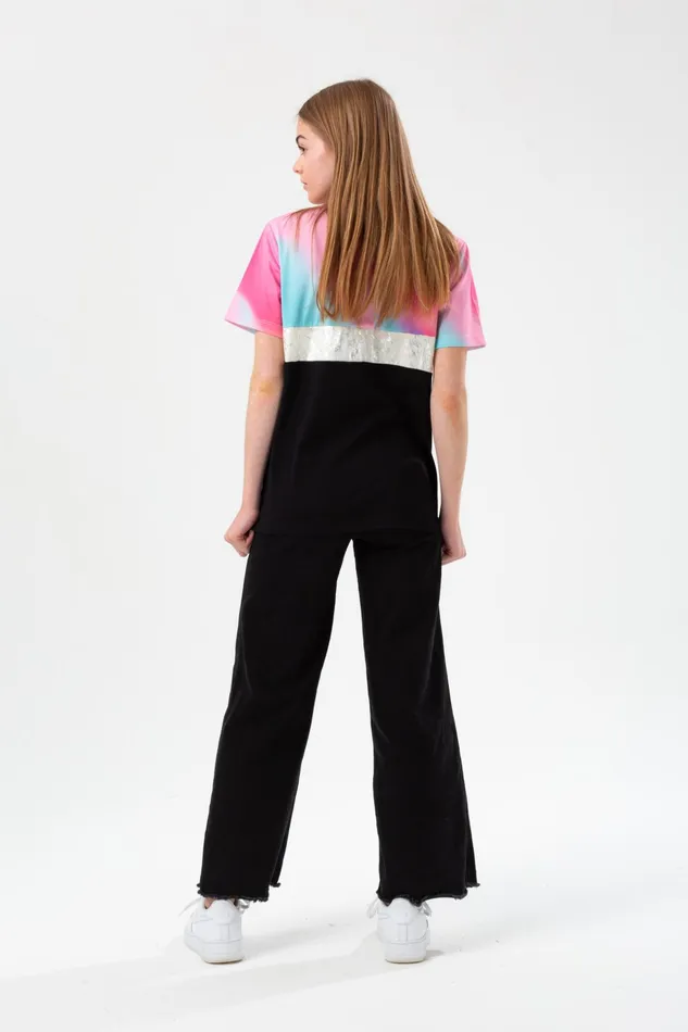 Just Hype TShirts Hype Girls Black Pastel Wave Panel Script TShirt