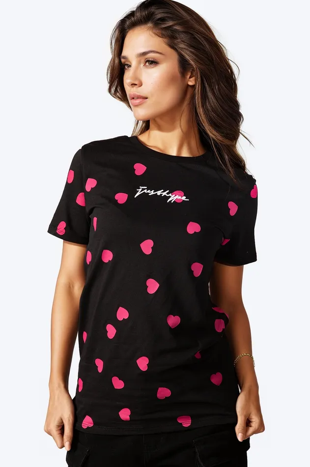 Just Hype Tops and TShirts Hype Womens Black Scatter Heart Scribble TShirt