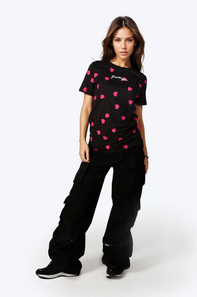 Just Hype Tops and TShirts Hype Womens Black Scatter Heart Scribble TShirt