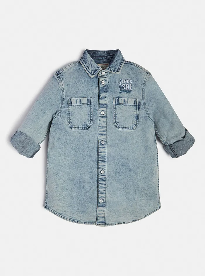 Kids Big Boy GUESS Washed Blue Stretch Denim Shirt 716