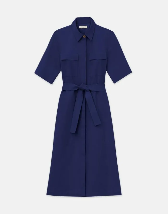 Lafayette 148 New York BiStretch Pima Cotton Patch Pocket Shirtdress Royal Blue Ready To Wear Dresses