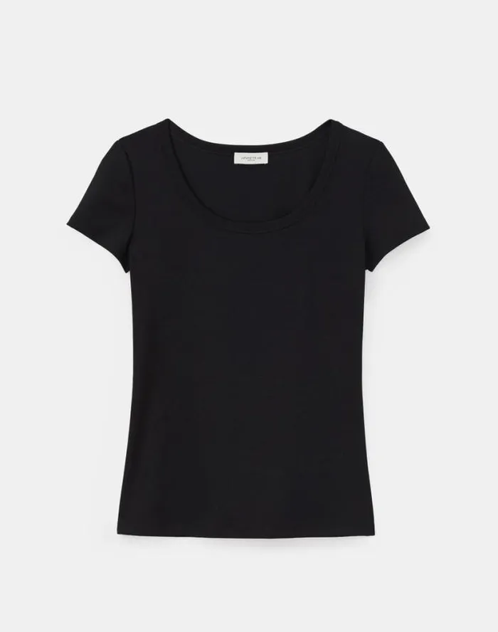 Lafayette 148 New York Cotton Rib Scoop Neck TShirt Black Ready To Wear Tops and Tees