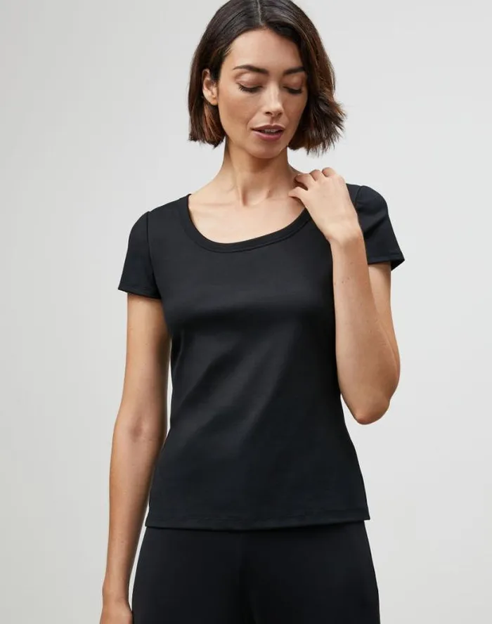 Lafayette 148 New York Cotton Rib Scoop Neck TShirt Black Ready To Wear Tops and Tees