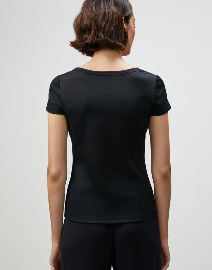 Lafayette 148 New York Cotton Rib Scoop Neck TShirt Black Ready To Wear Tops and Tees