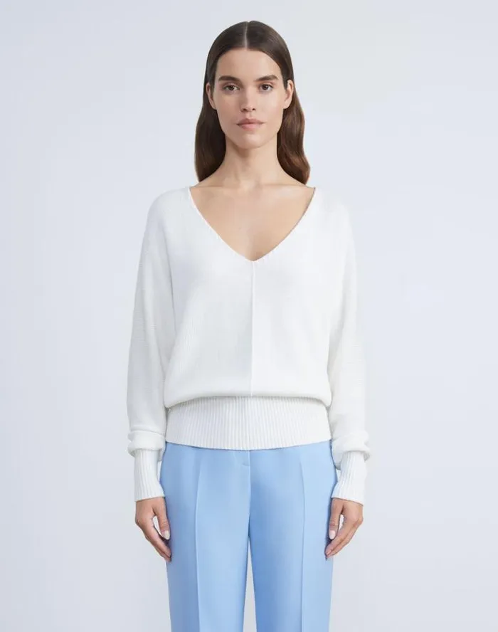 Lafayette 148 New York CottonSilk Tape Wide VNeck Dolman Sweater Black Ready To Wear Sweaters and Knits