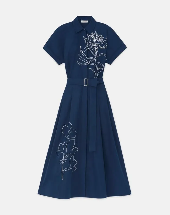 Lafayette 148 New York Embroidered Rose Organic Cotton Poplin Shirtdress Midnight Blue Ready To Wear Dresses