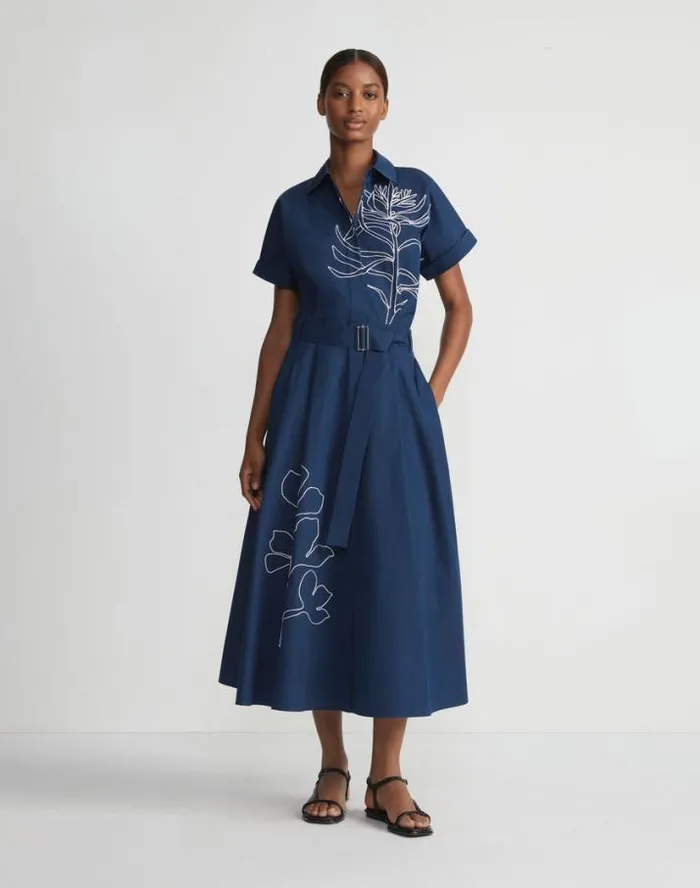 Lafayette 148 New York Embroidered Rose Organic Cotton Poplin Shirtdress Midnight Blue Ready To Wear Dresses