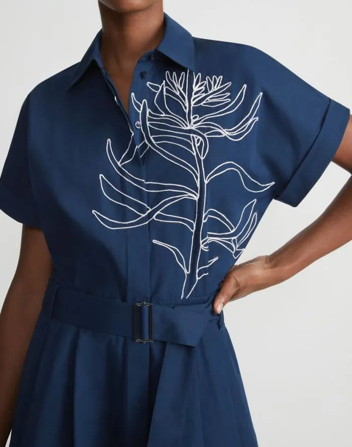 Lafayette 148 New York Embroidered Rose Organic Cotton Poplin Shirtdress Midnight Blue Ready To Wear Dresses