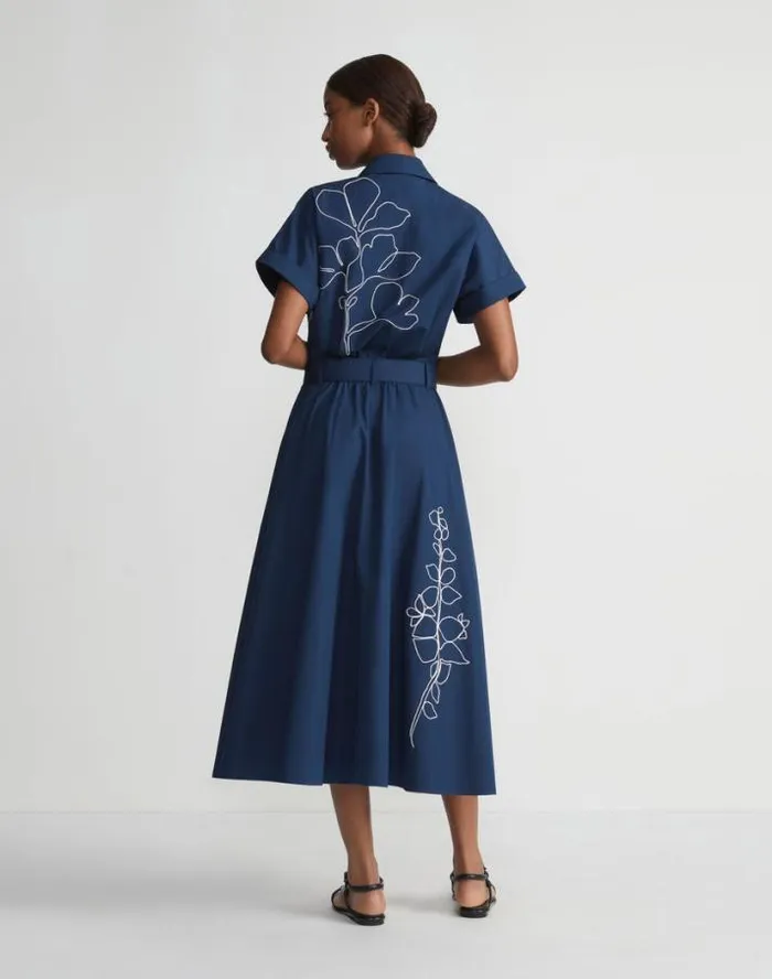 Lafayette 148 New York Embroidered Rose Organic Cotton Poplin Shirtdress Midnight Blue Ready To Wear Dresses