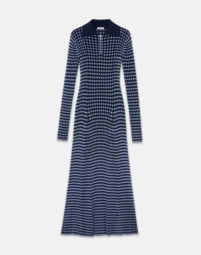 Lafayette 148 New York Gingham Responsible Matte Crepe Collared HalfZip Dress Midnight Blue Multi Ready To Wear Dresses