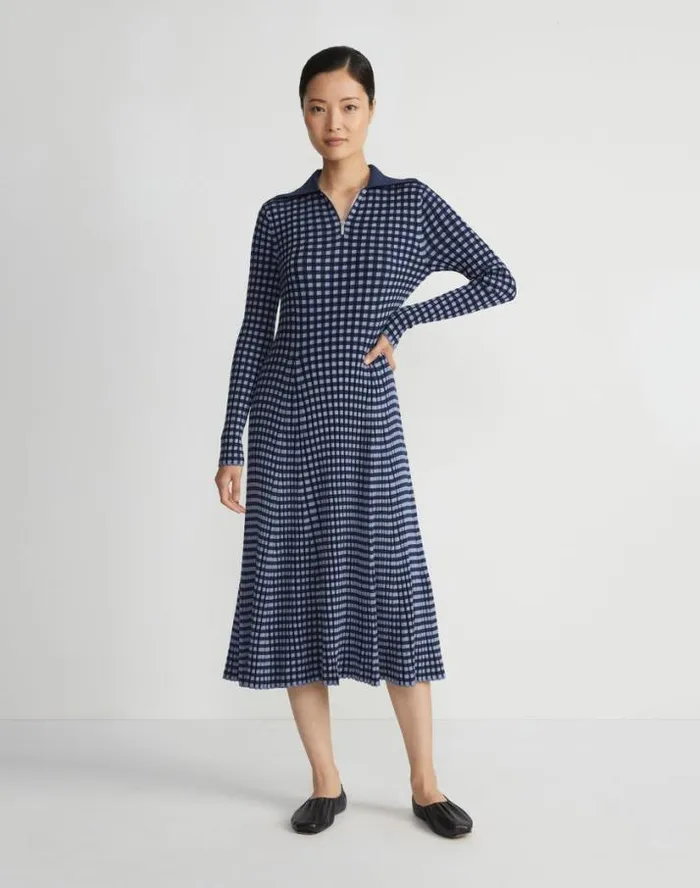 Lafayette 148 New York Gingham Responsible Matte Crepe Collared HalfZip Dress Midnight Blue Multi Ready To Wear Dresses