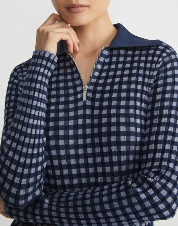 Lafayette 148 New York Gingham Responsible Matte Crepe Collared HalfZip Dress Midnight Blue Multi Ready To Wear Dresses