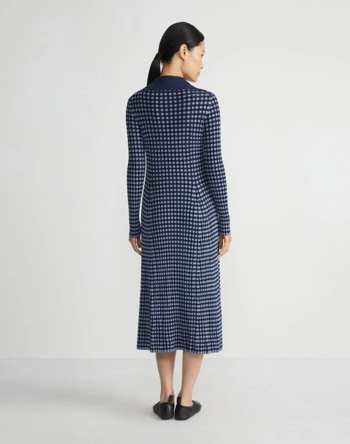 Lafayette 148 New York Gingham Responsible Matte Crepe Collared HalfZip Dress Midnight Blue Multi Ready To Wear Dresses