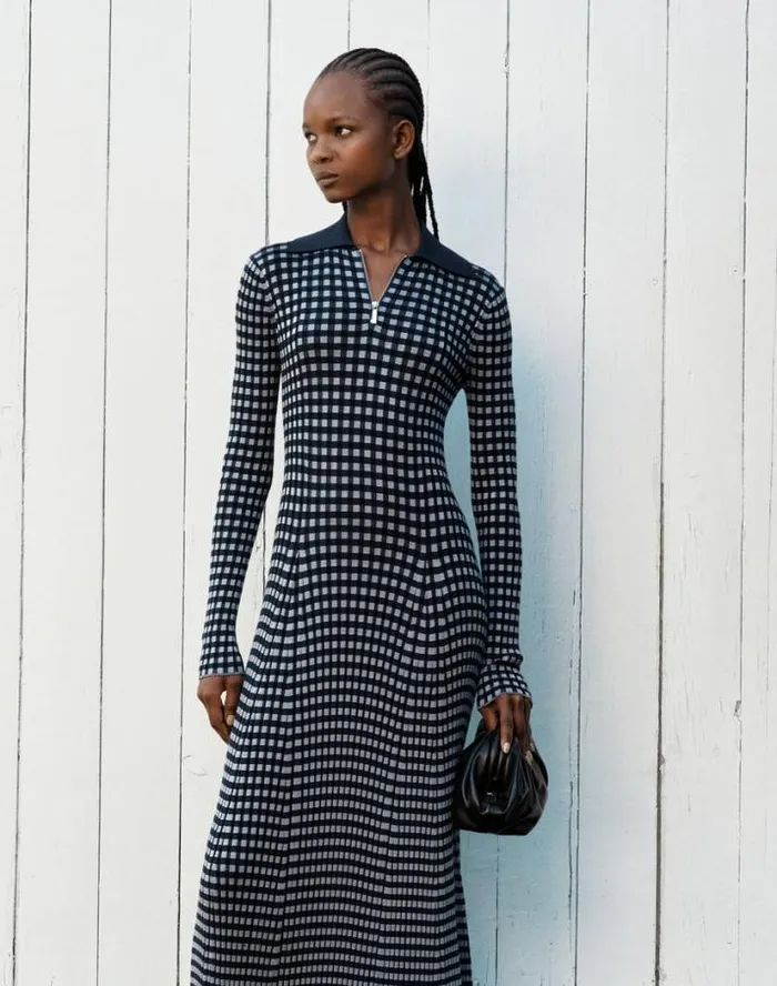 Lafayette 148 New York Gingham Responsible Matte Crepe Collared HalfZip Dress Midnight Blue Multi Ready To Wear Dresses
