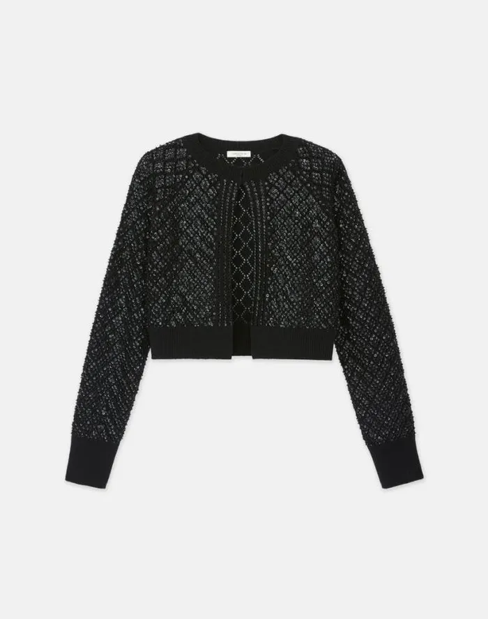 Lafayette 148 New York HandEmbellished Cashmere Lace Stitch Cropped Cardigan Black Ready To Wear Sweaters and Knits Lafayette 148 New York HandEmbellished Cashmere Lace Stitch Cropped Cardigan Black Ready To Wear Sweaters and Knits
