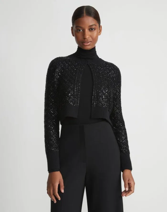 Lafayette 148 New York HandEmbellished Cashmere Lace Stitch Cropped Cardigan Black Ready To Wear Sweaters and Knits