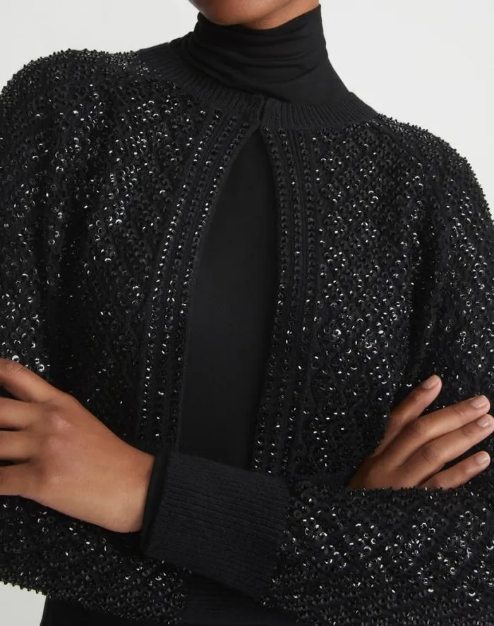 Lafayette 148 New York HandEmbellished Cashmere Lace Stitch Cropped Cardigan Black Ready To Wear Sweaters and Knits