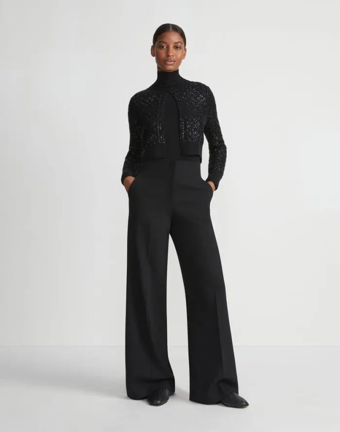 Lafayette 148 New York HandEmbellished Cashmere Lace Stitch Cropped Cardigan Black Ready To Wear Sweaters and Knits