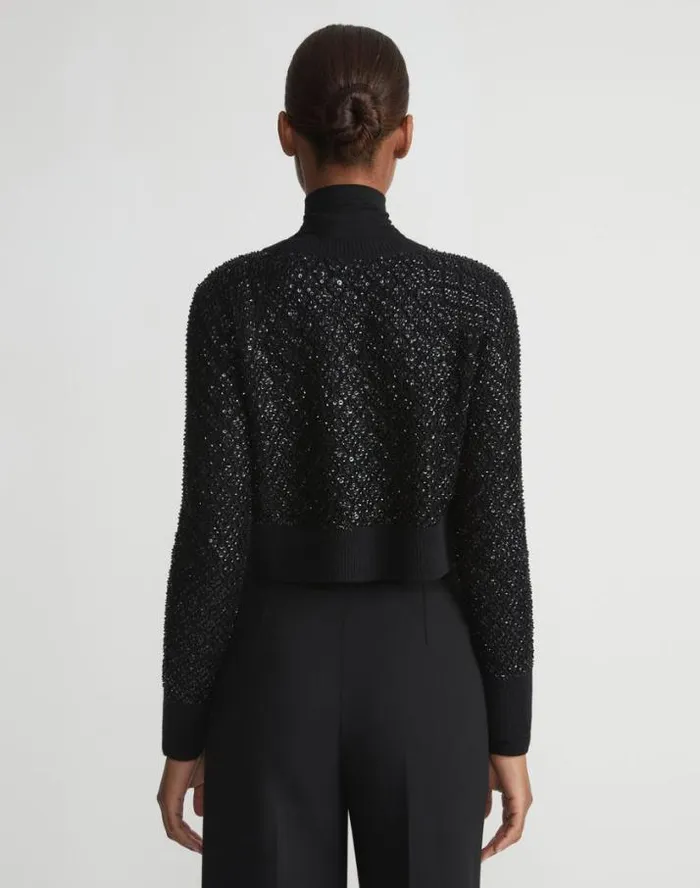Lafayette 148 New York HandEmbellished Cashmere Lace Stitch Cropped Cardigan Black Ready To Wear Sweaters and Knits
