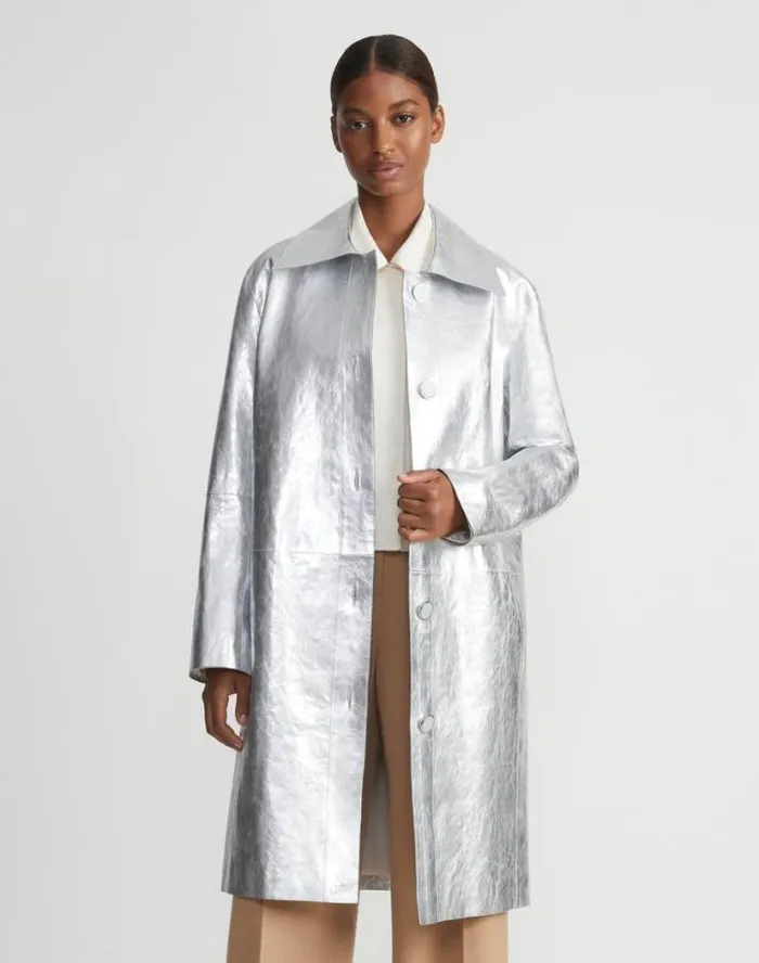 Lafayette 148 New York Metallic Crinkle Leather Coat Silver Ready To Wear Leathers and Suedes