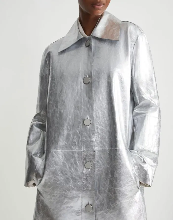 Lafayette 148 New York Metallic Crinkle Leather Coat Silver Ready To Wear Leathers and Suedes
