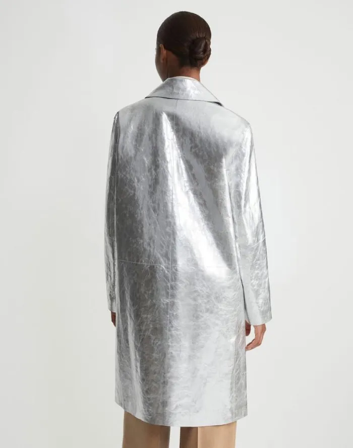 Lafayette 148 New York Metallic Crinkle Leather Coat Silver Ready To Wear Leathers and Suedes