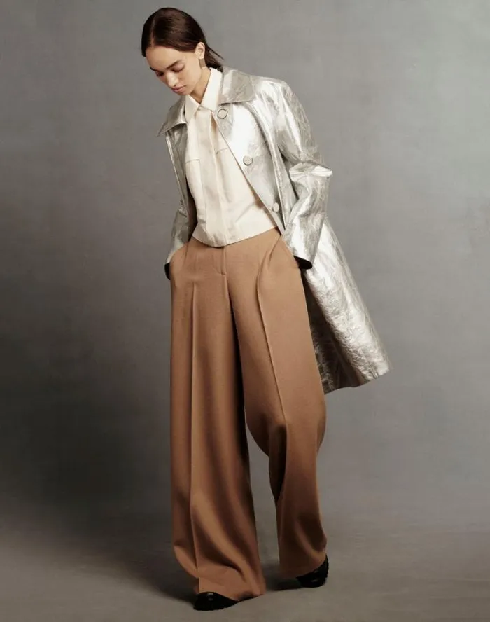 Lafayette 148 New York Metallic Crinkle Leather Coat Silver Ready To Wear Leathers and Suedes