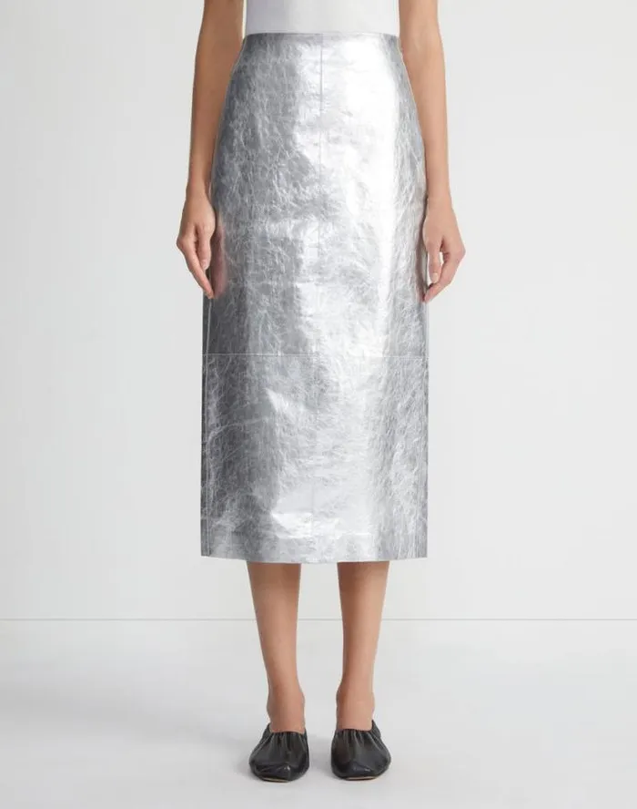 Lafayette 148 New York Metallic Crinkle Leather Pencil Skirt Silver Ready To Wear Skirts