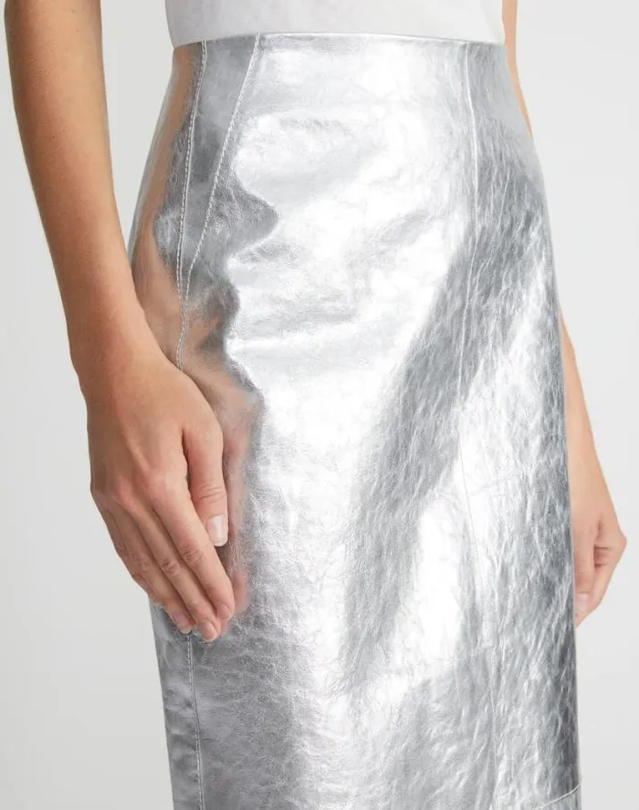 Lafayette 148 New York Metallic Crinkle Leather Pencil Skirt Silver Ready To Wear Skirts