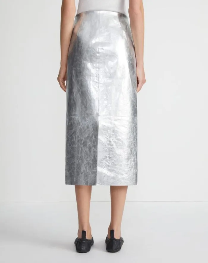 Lafayette 148 New York Metallic Crinkle Leather Pencil Skirt Silver Ready To Wear Skirts
