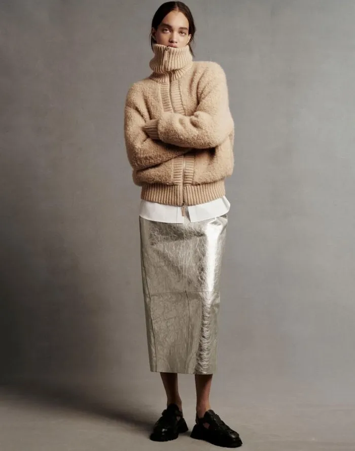 Lafayette 148 New York Metallic Crinkle Leather Pencil Skirt Silver Ready To Wear Skirts