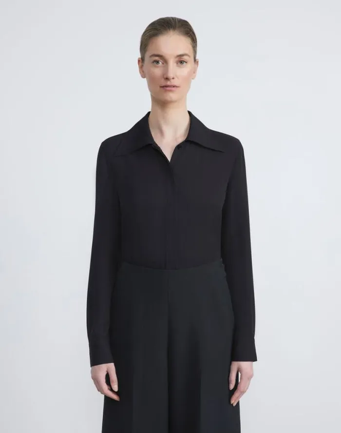 Lafayette 148 New York Organic Silk Georgette Blouse Bodysuit Black Ready To Wear Blouses and Shirts