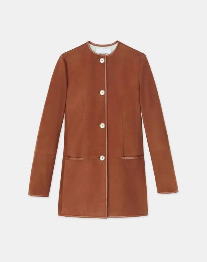 Lafayette 148 New York Paperfine Suede Collarless Jacket Saddle Ready To Wear Leathers and Suedes Lafayette 148 New York Paperfine Suede Collarless Jacket Saddle Ready To Wear Leathers and Suedes