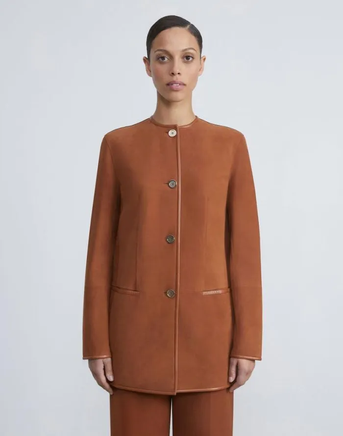 Lafayette 148 New York Paperfine Suede Collarless Jacket Saddle Ready To Wear Leathers and Suedes