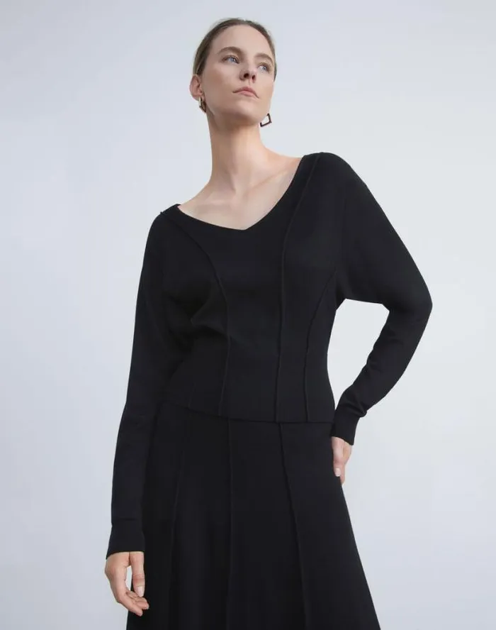Lafayette 148 New York Responsible Fine Gauge Merino Convertible Sweater Black Ready To Wear Sweaters and Knits