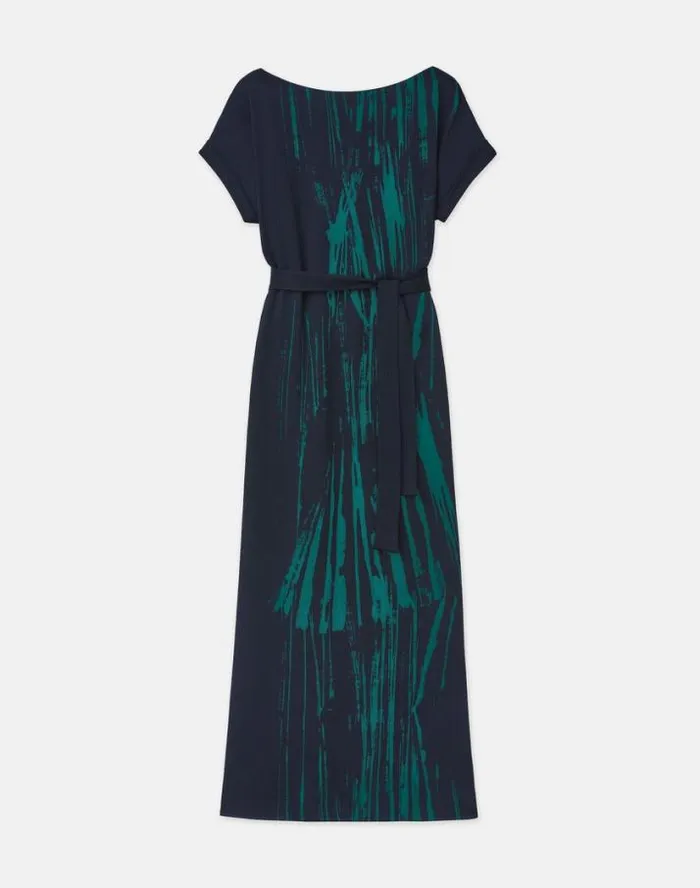 Lafayette 148 New York Stamped Pages Print Viscose Pliss Dress Deep Ivy Multi Ready To Wear Dresses