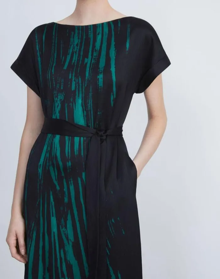 Lafayette 148 New York Stamped Pages Print Viscose Pliss Dress Deep Ivy Multi Ready To Wear Dresses
