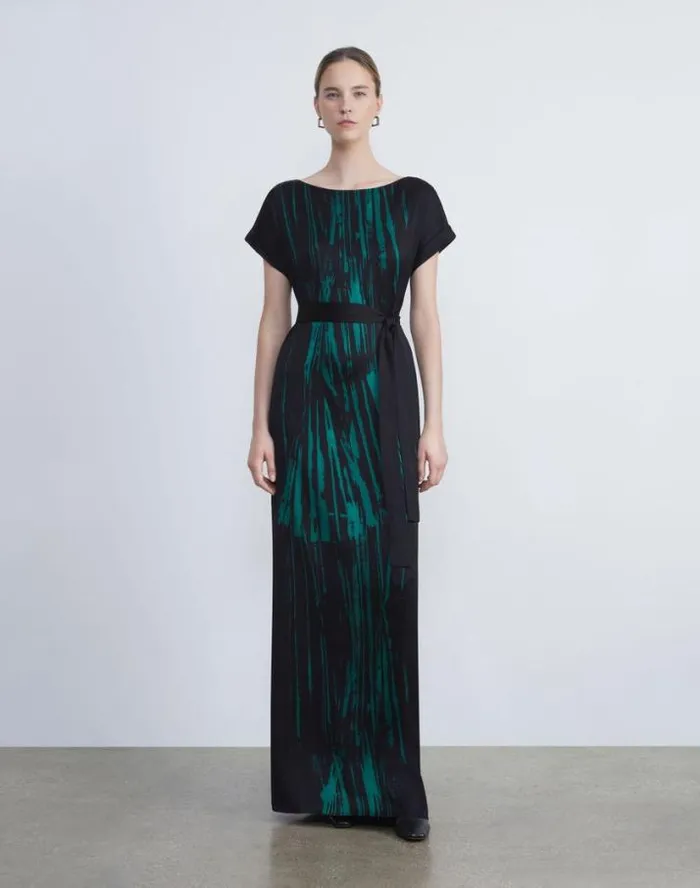 Lafayette 148 New York Stamped Pages Print Viscose Pliss Dress Deep Ivy Multi Ready To Wear Dresses