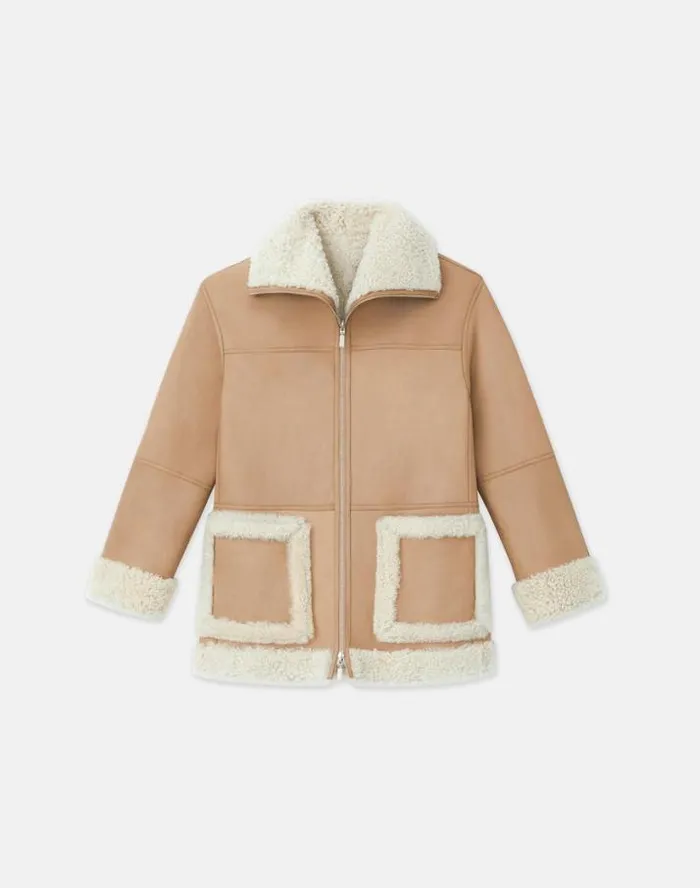 Lafayette 148 New York Wavy Lamb Shearling Reversible Coat Camel Ready To Wear Leathers and Suedes