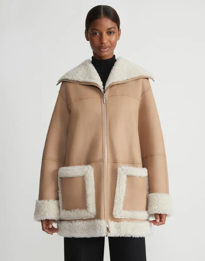 Lafayette 148 New York Wavy Lamb Shearling Reversible Coat Camel Ready To Wear Leathers and Suedes