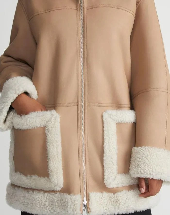 Lafayette 148 New York Wavy Lamb Shearling Reversible Coat Camel Ready To Wear Leathers and Suedes