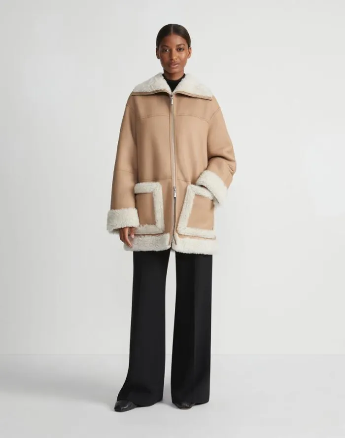 Lafayette 148 New York Wavy Lamb Shearling Reversible Coat Camel Ready To Wear Leathers and Suedes