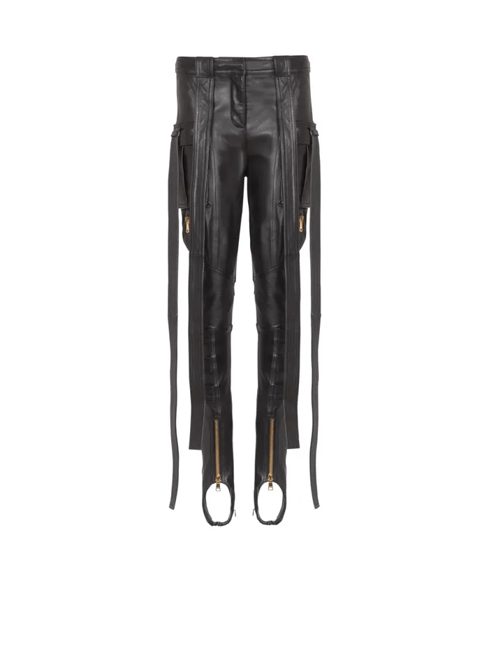 Leather Cargo Trousers With Straps Black Women Balmain Trousers And Shorts