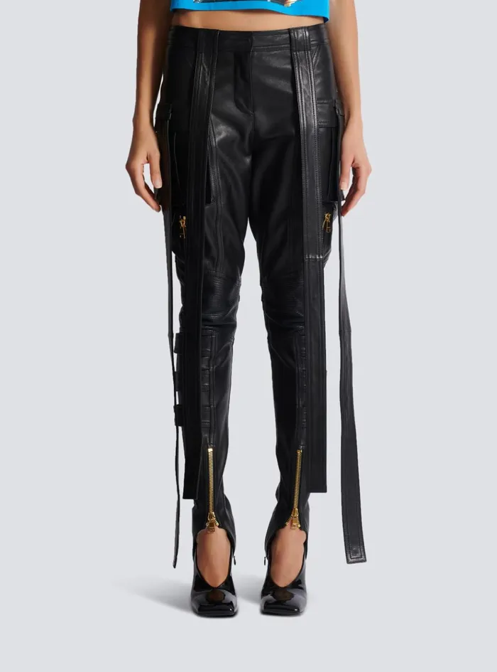 Leather Cargo Trousers With Straps Black Women Balmain Trousers And Shorts