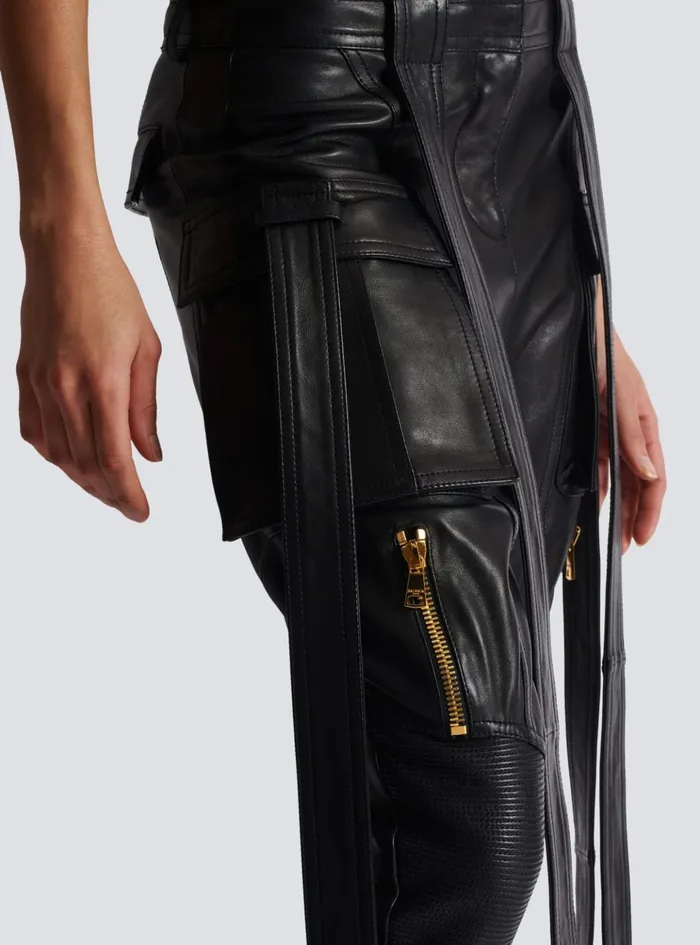 Leather Cargo Trousers With Straps Black Women Balmain Trousers And Shorts