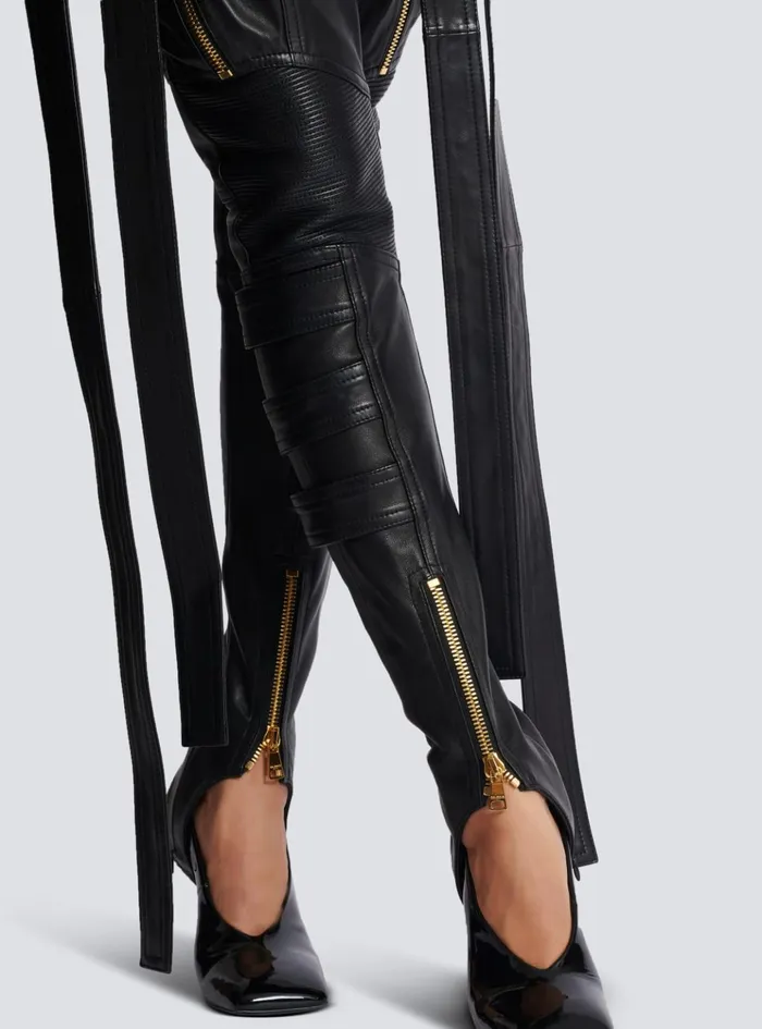 Leather Cargo Trousers With Straps Black Women Balmain Trousers And Shorts