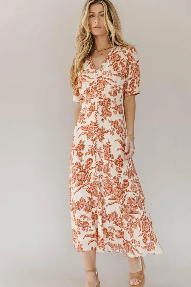 Lia Floral Midi Dress In Rust Rust Women Bohme Dresses